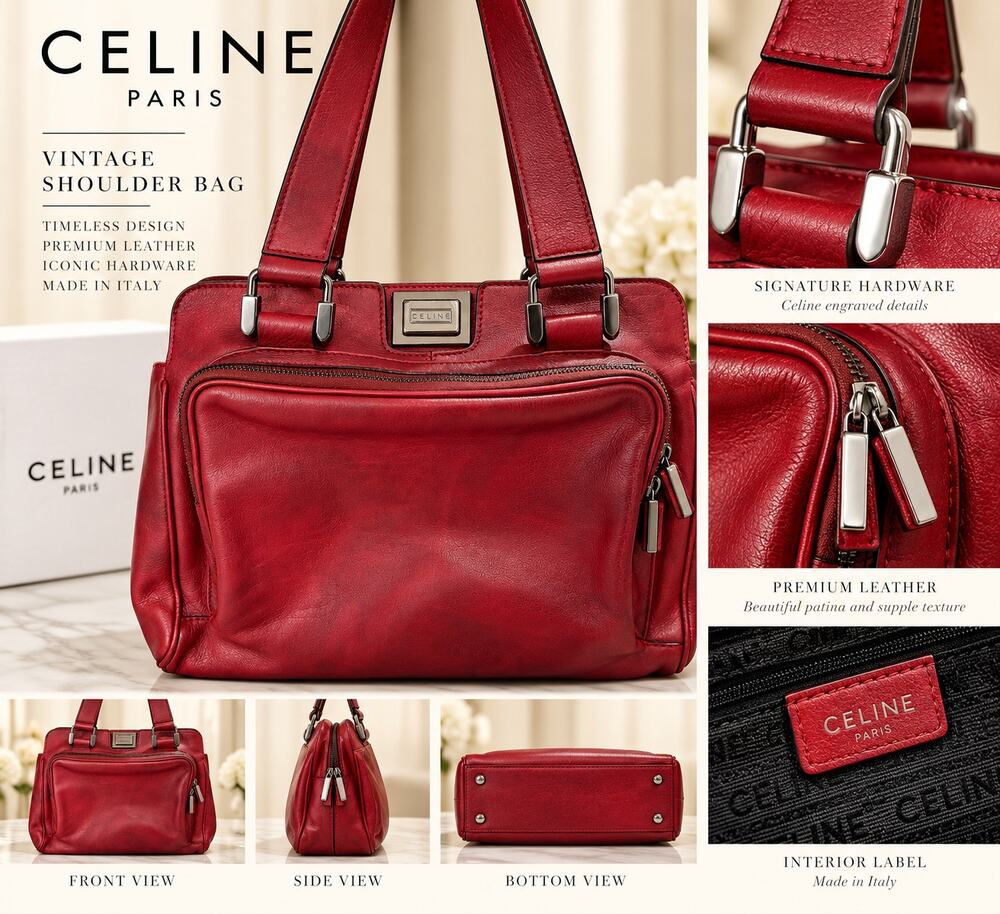 Celine Vintage Red Leather Shoulder Bag with COA